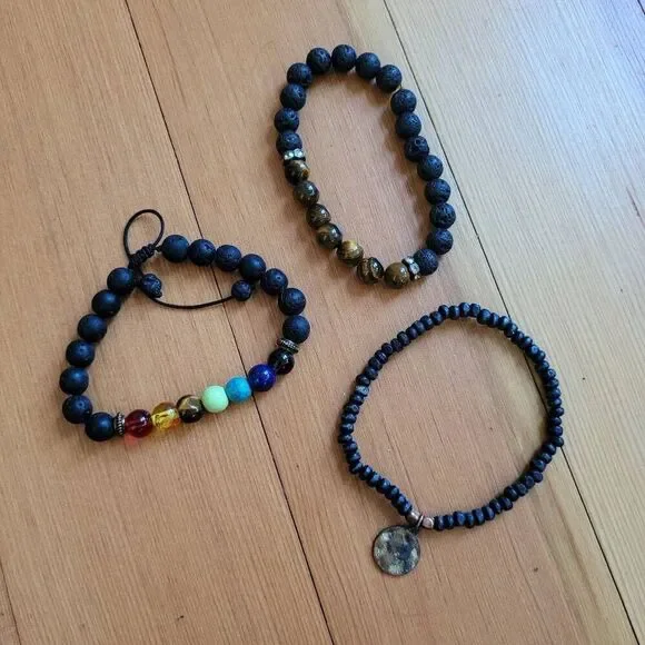 Set of 3 beaded bracelets faux crystal tiger's eye lava beads bohemian hippie - Picture 9 of 12